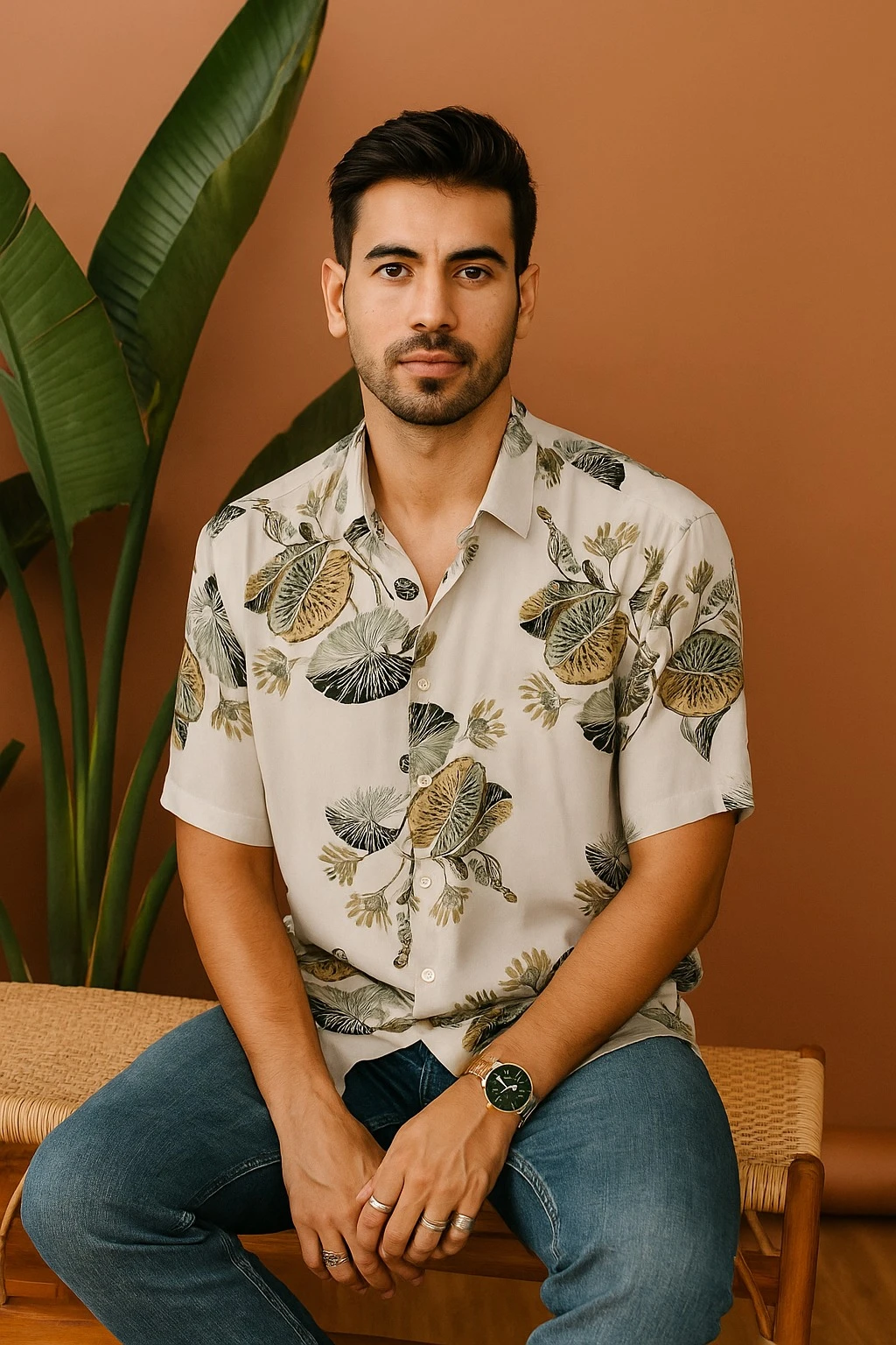 LEAF PRINTED SHIRT - GRAY HALF HAND SHIRT