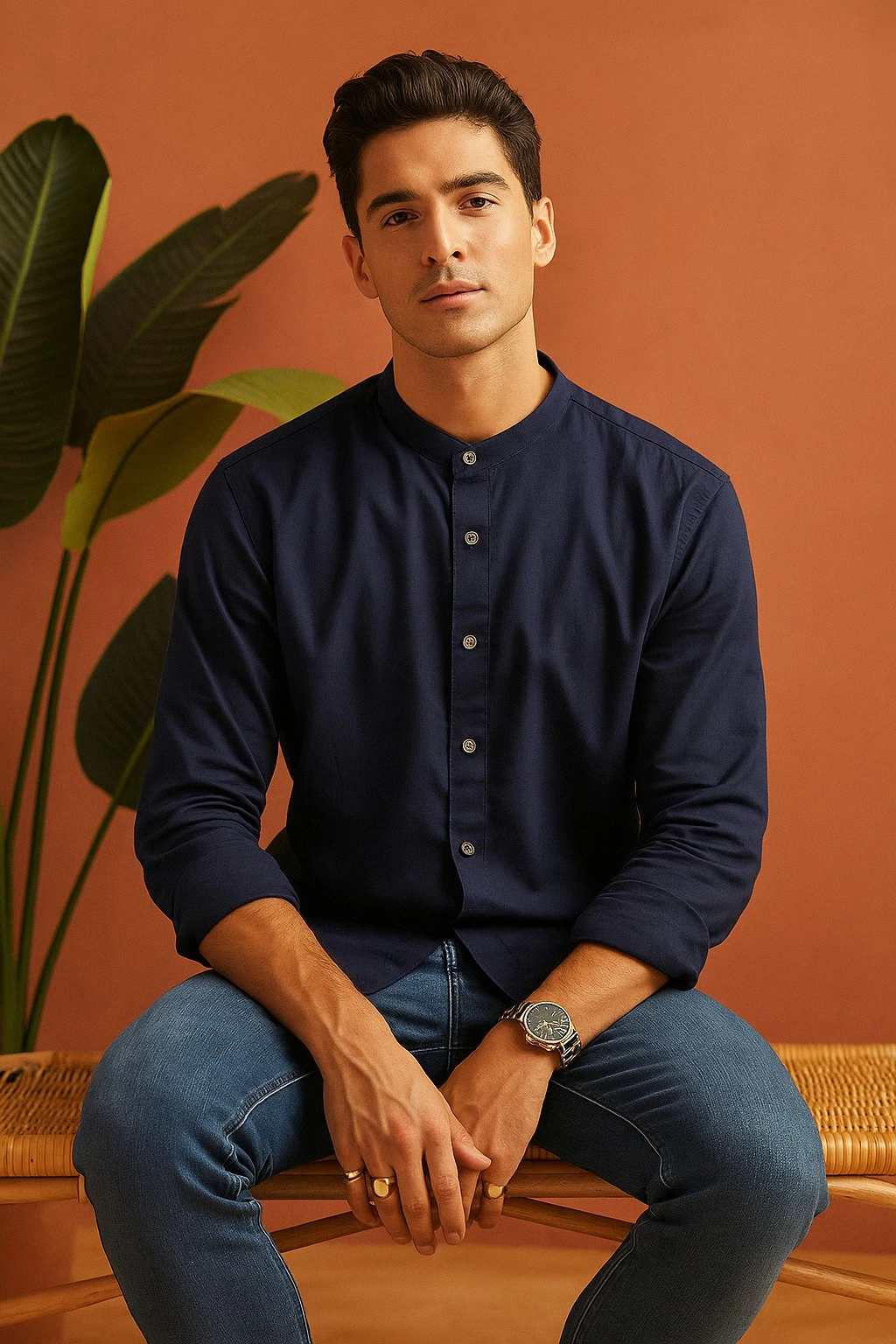 MANDARIN COLLAR LINEN SHIRT - DARK BLUE