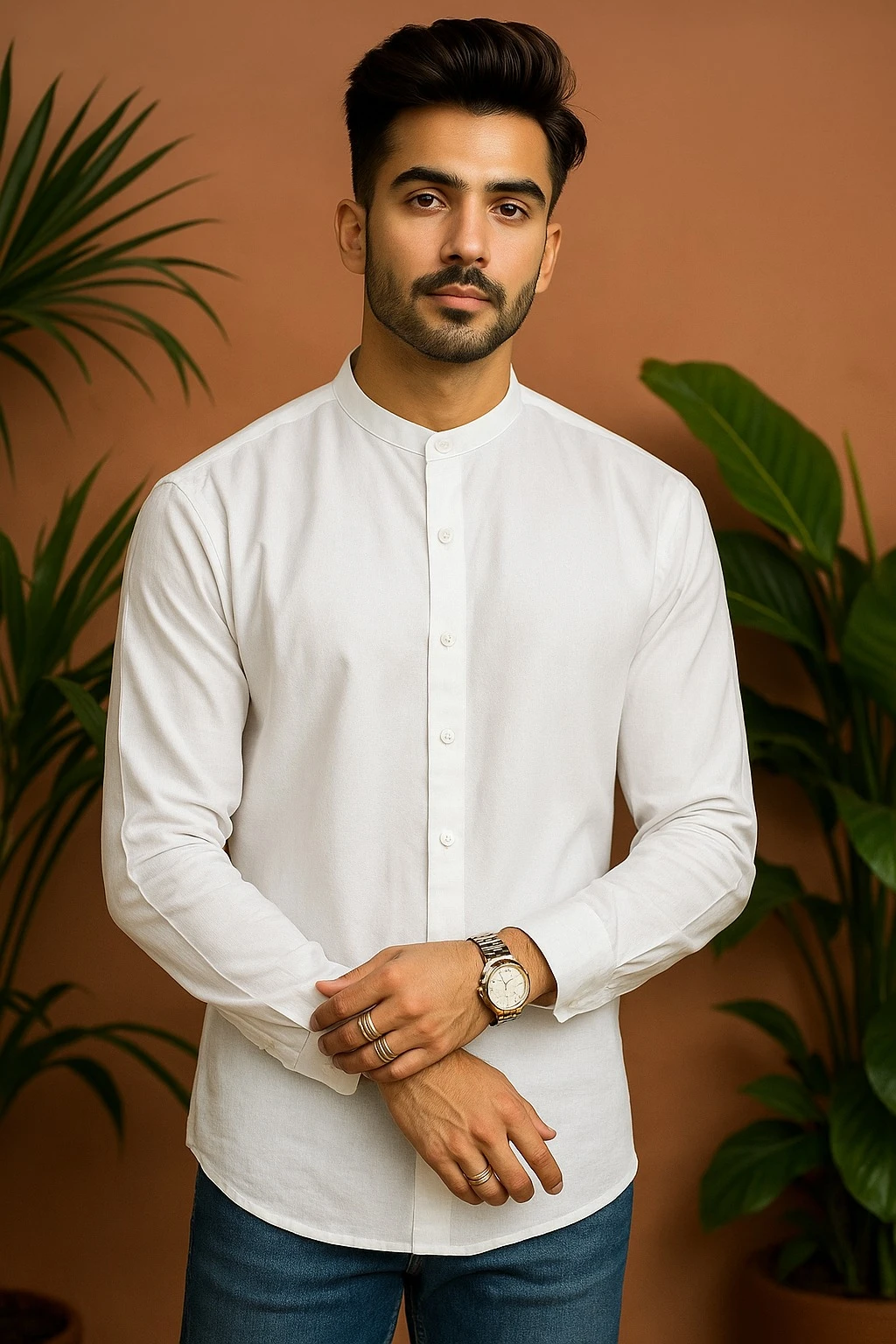 PURE LINEN SHIRT MANDARIN COLLAR -WHITE