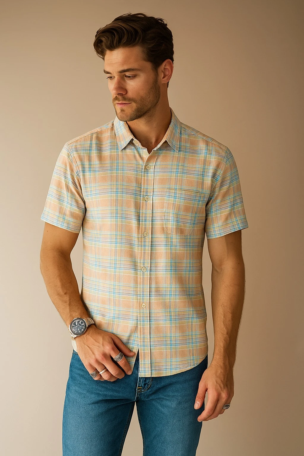CHECKED OXFORD COTTON SHIRT - APRICOT