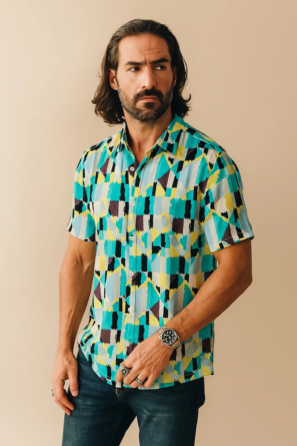 ABSTRACT PRINT BOXY FIT SHIRT YELLOW - LIGHT BLUE