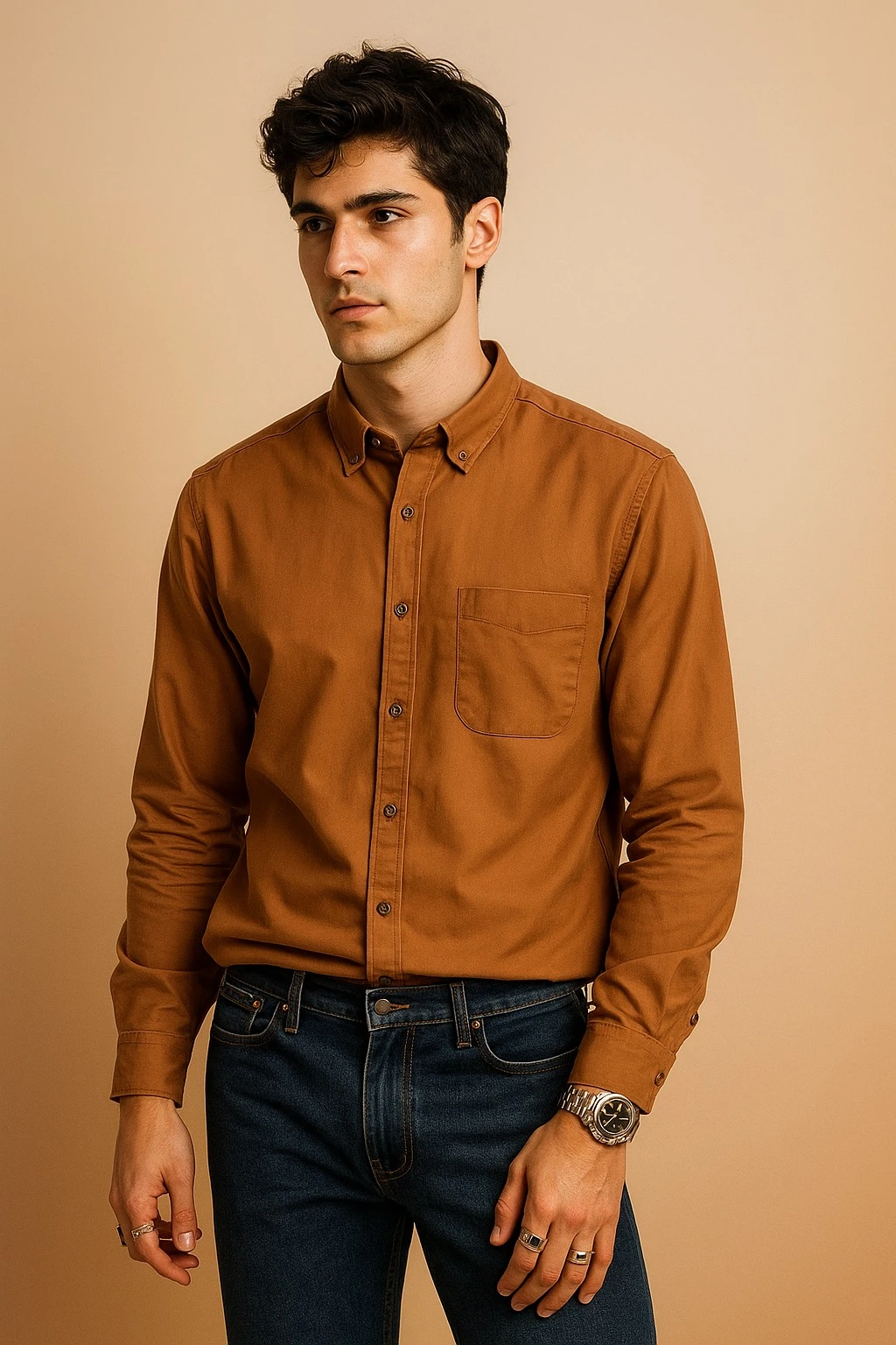 COTTON STRETCH PLAIN SHIRT  - BROWN