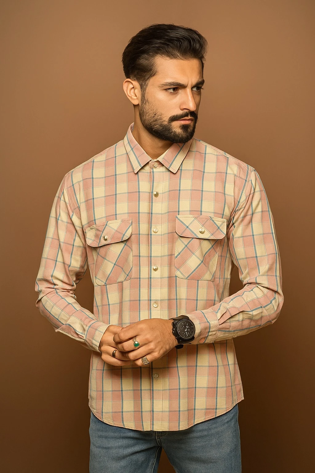 DOUBLE POCKET CHECK TWILL SHIRT - LIGHT PINK