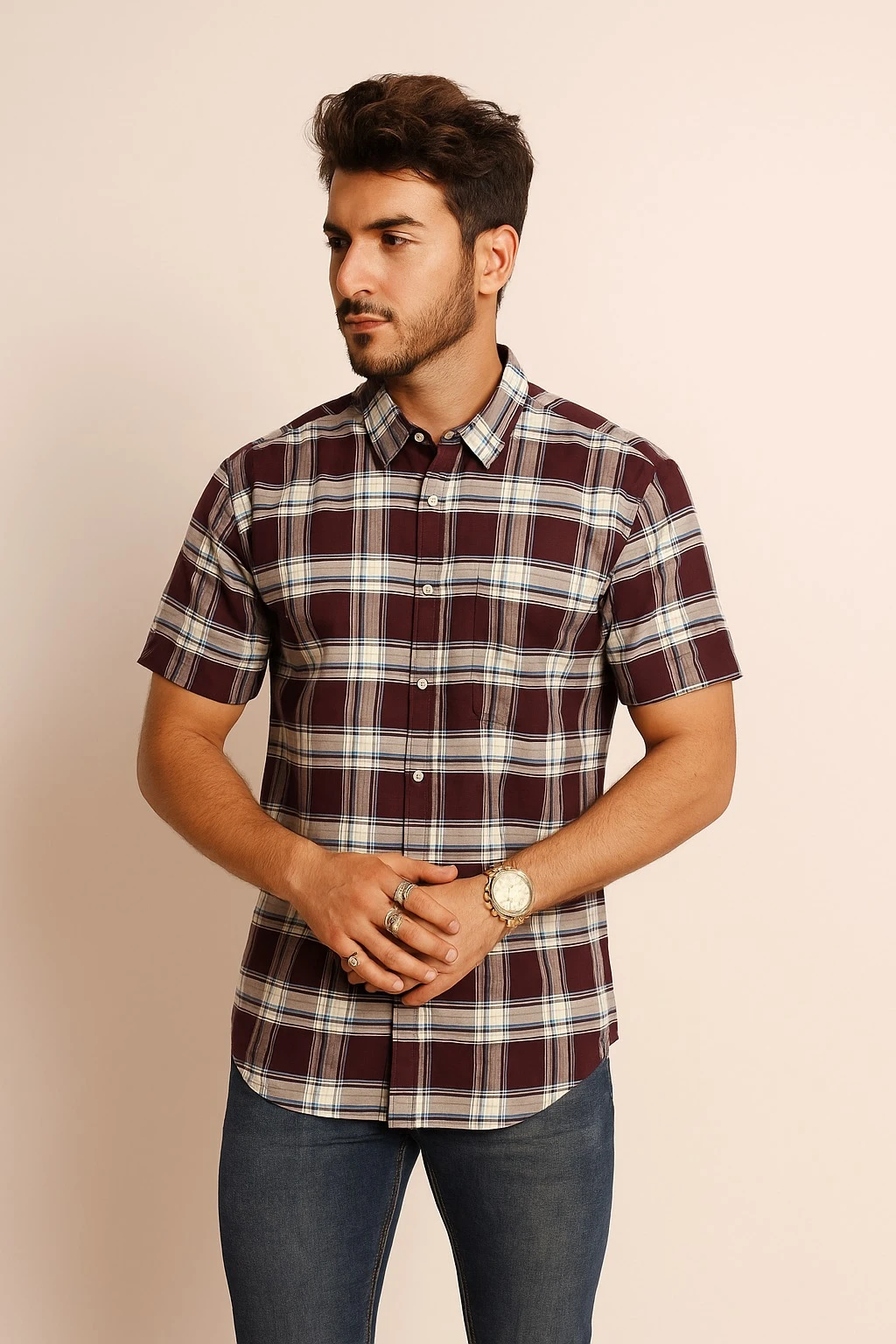 CHECKED OXFORD COTTON SHIRT - MAROON