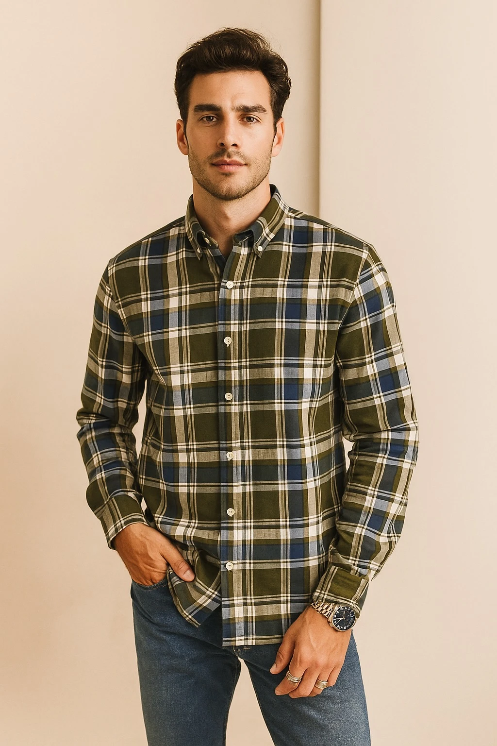 COTTON CHECKS SHIRT BLUE - OLIVE GREEN