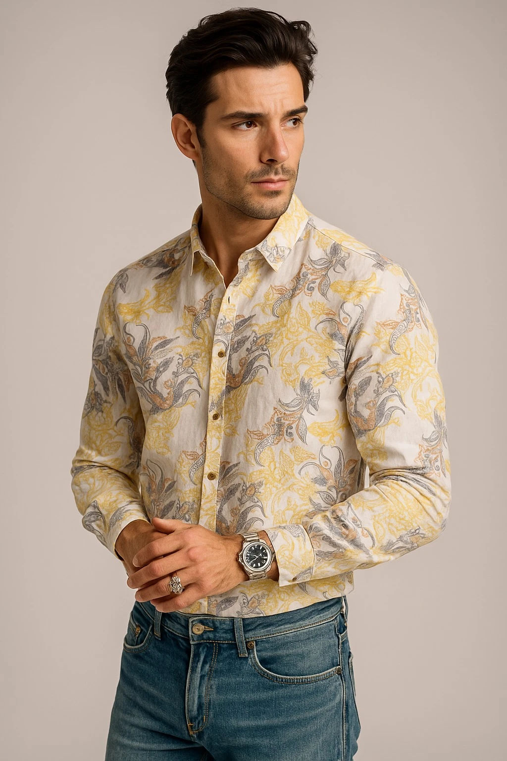 LINEN PAISLEY PRINT SHIRT WHITE - YELLOW