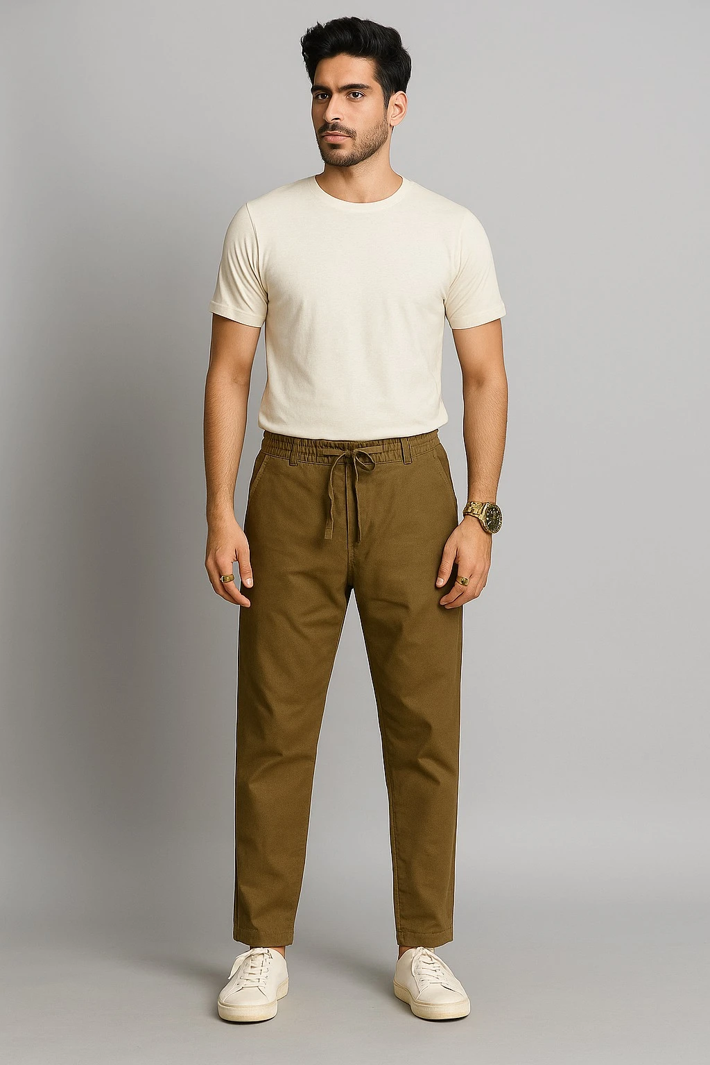 REGULAR FIT LINEN PLAIN TROUSER - KHAKI