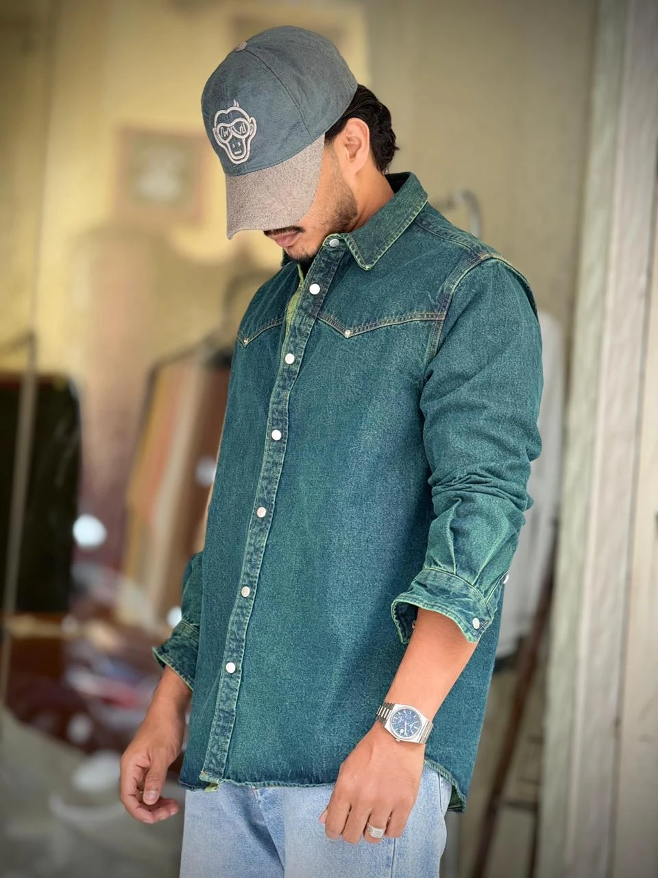 REGULAR FIT DENIM PLAIN SHIRT - CADET BLUE