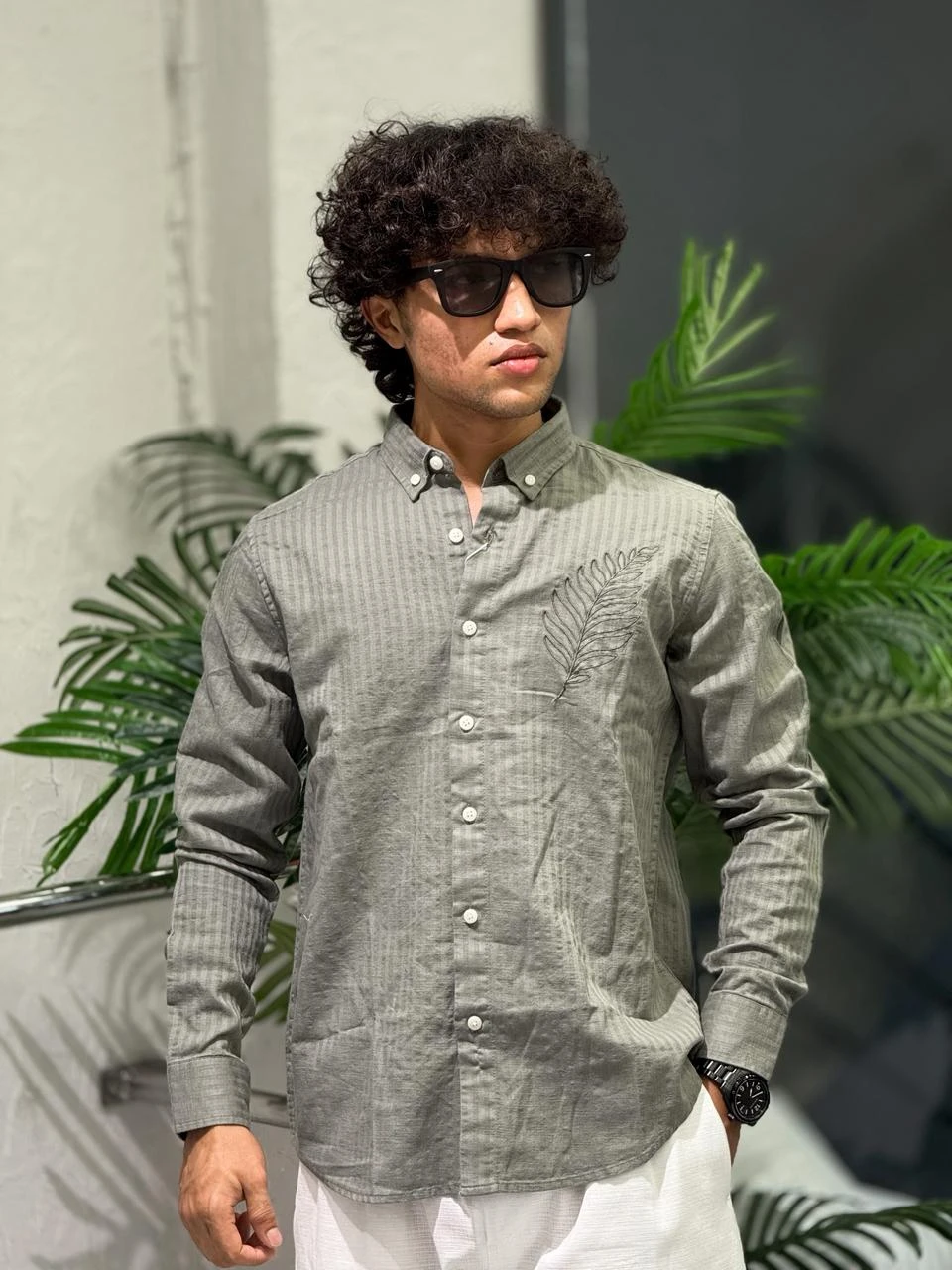EMBROIDERY STRIPED SHIRT REGULAR FIT - ECHO GRAY