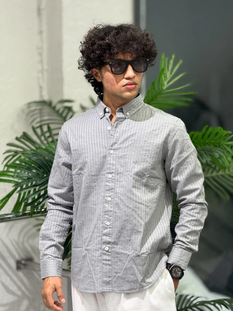 EMBROIDERY STRIPED SHIRT REGULAR FIT METALLIC - GRAY