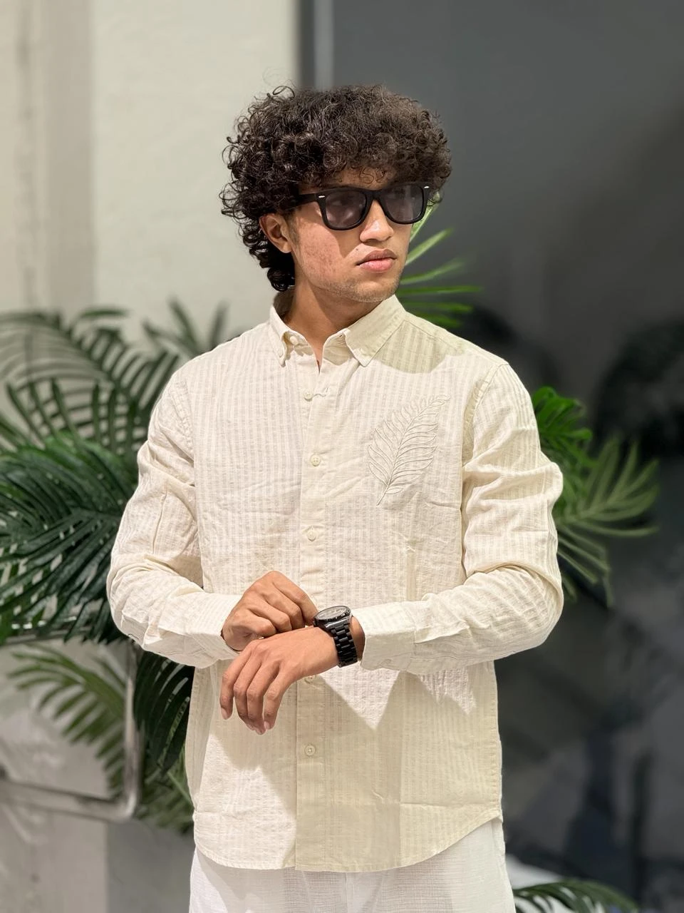 EMBROIDERY STRIPED SHIRT REGULAR FIT  - BEIGE