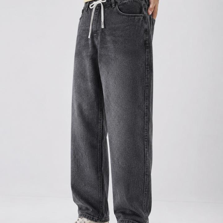 Men’s Washed Grey Baggy Fit Drawstring Jeans