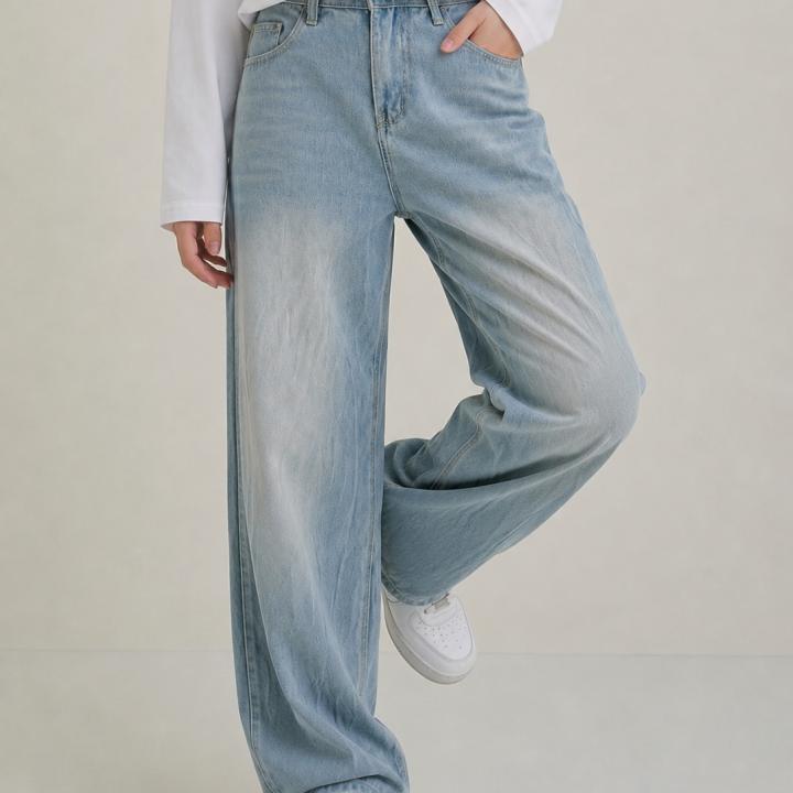 Light Ice Blue Vintage Wash Wide-Leg Baggy Jeans