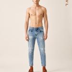 Light Blue Washed Distressed Ankle-Fit Tapered Jeans