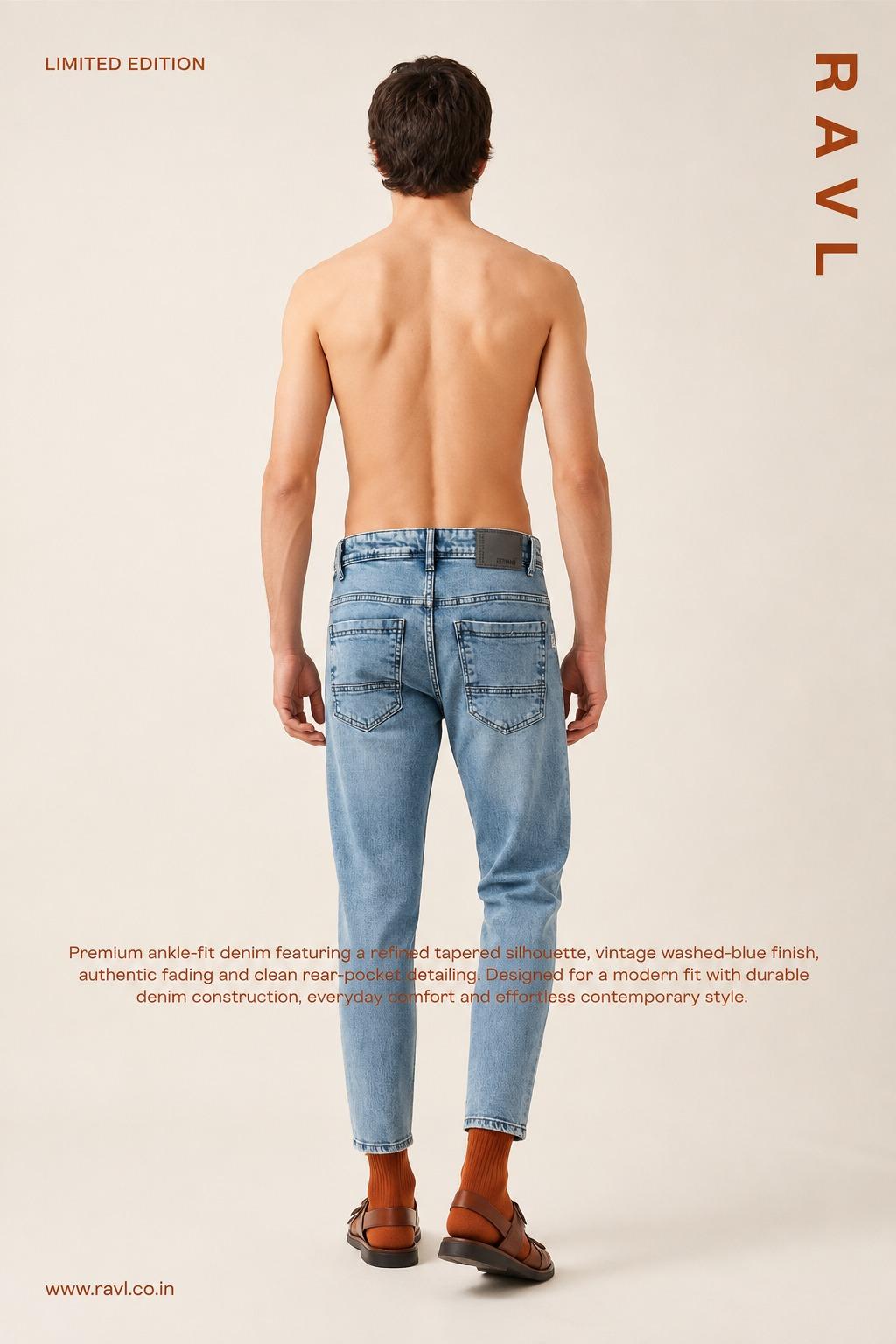 Light Blue Washed Distressed Ankle-Fit Tapered Jeans