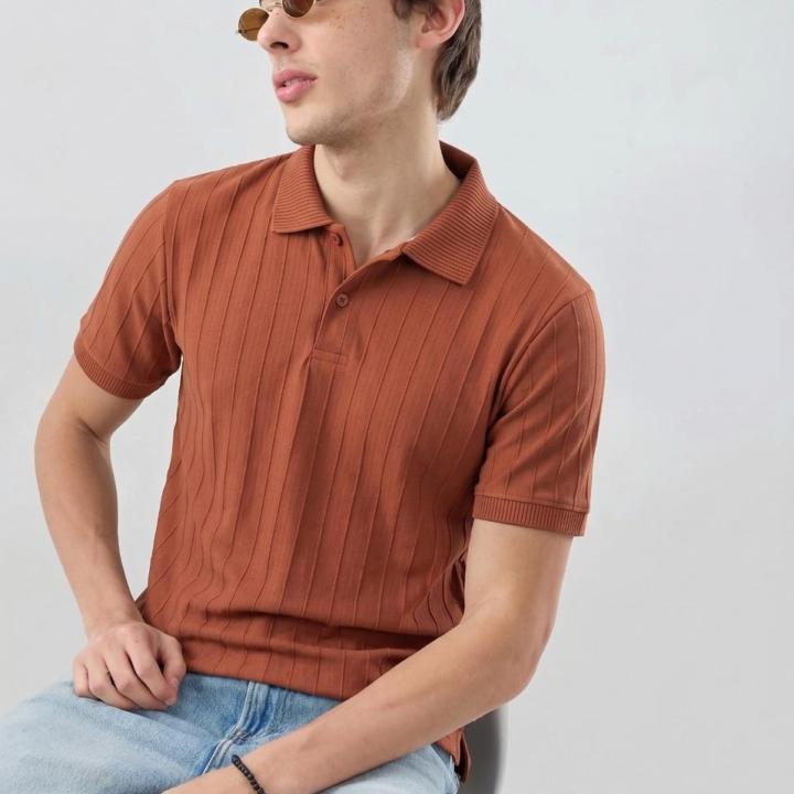 Rust Brown Ribbed Polo T-Shirt