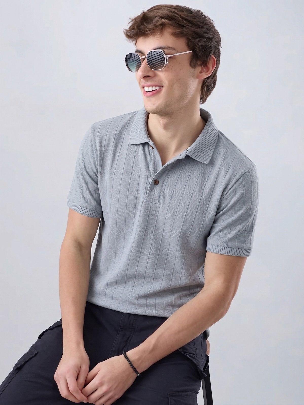 Silver Grey Ribbed Polo T-Shirt