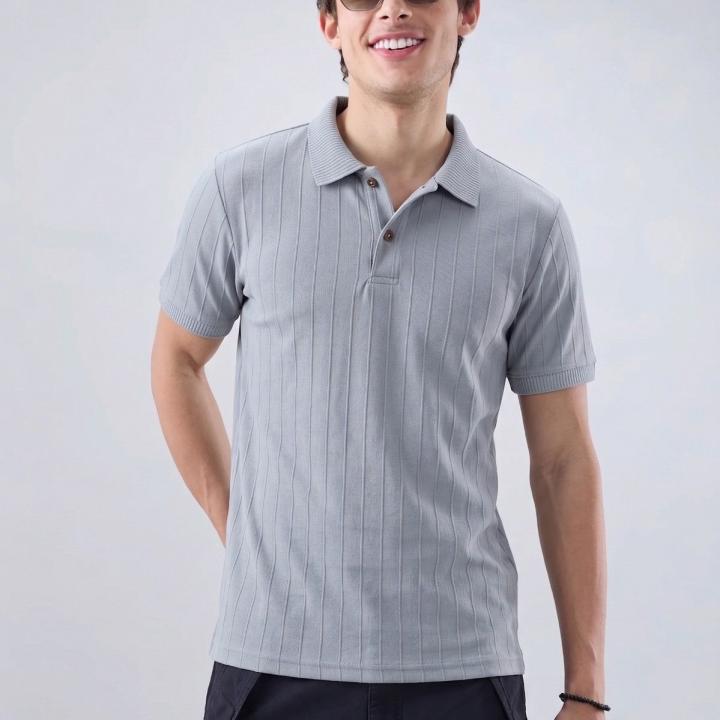Silver Grey Ribbed Polo T-Shirt
