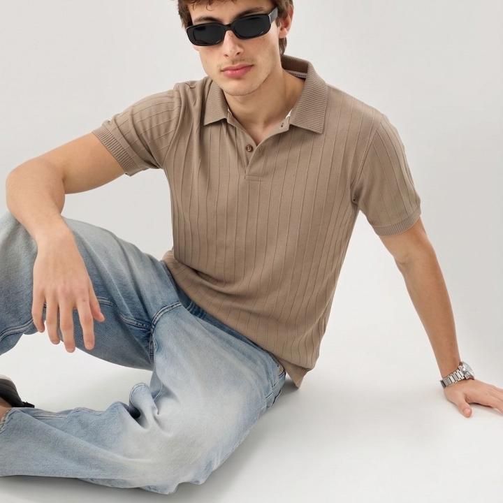 Taupe Brown Ribbed Polo T-Shirt
