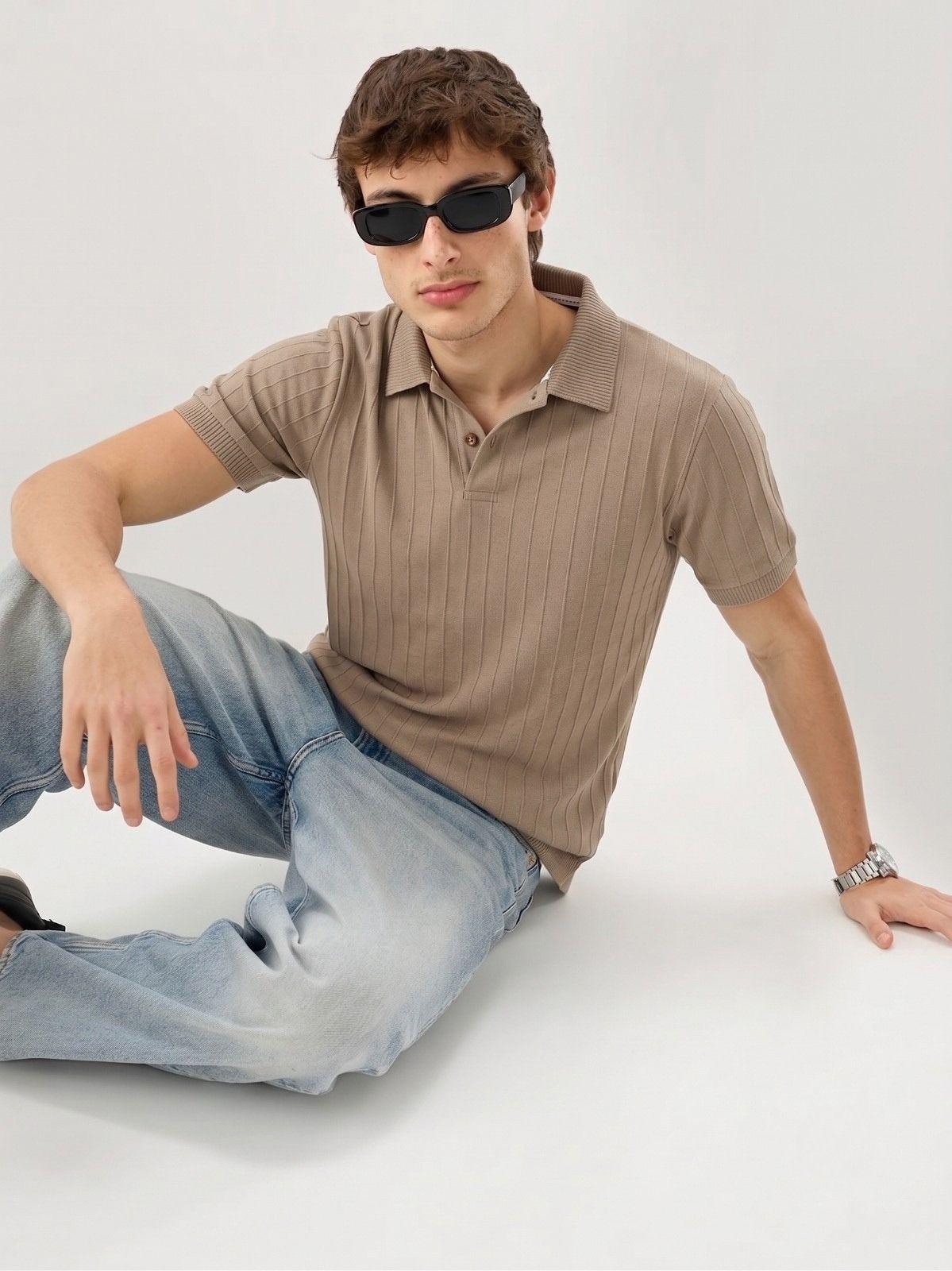 Taupe Brown Ribbed Polo T-Shirt