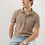 Taupe Brown Ribbed Polo T-Shirt