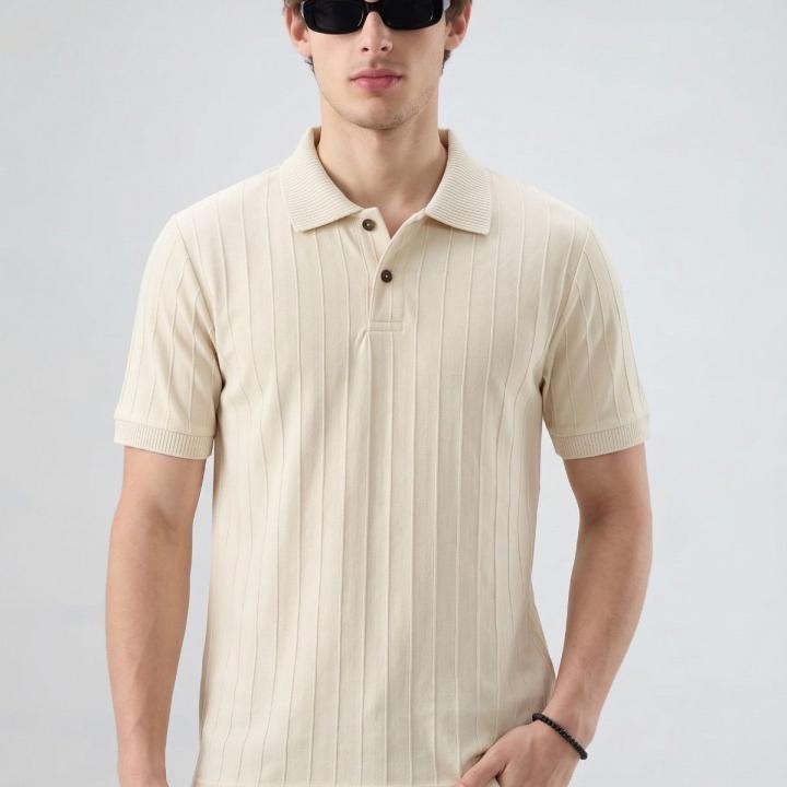 Cream Beige Ribbed Polo T-Shirt