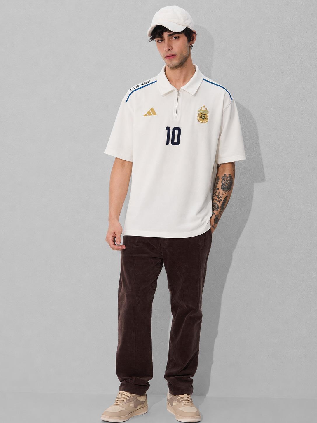 White Football-Inspired Oversized Half Sleeve Zip Polo T-Shirt