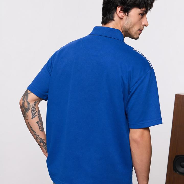 Royal Blue Football-Inspired Oversized Half Sleeve Zip Polo T-Shirt