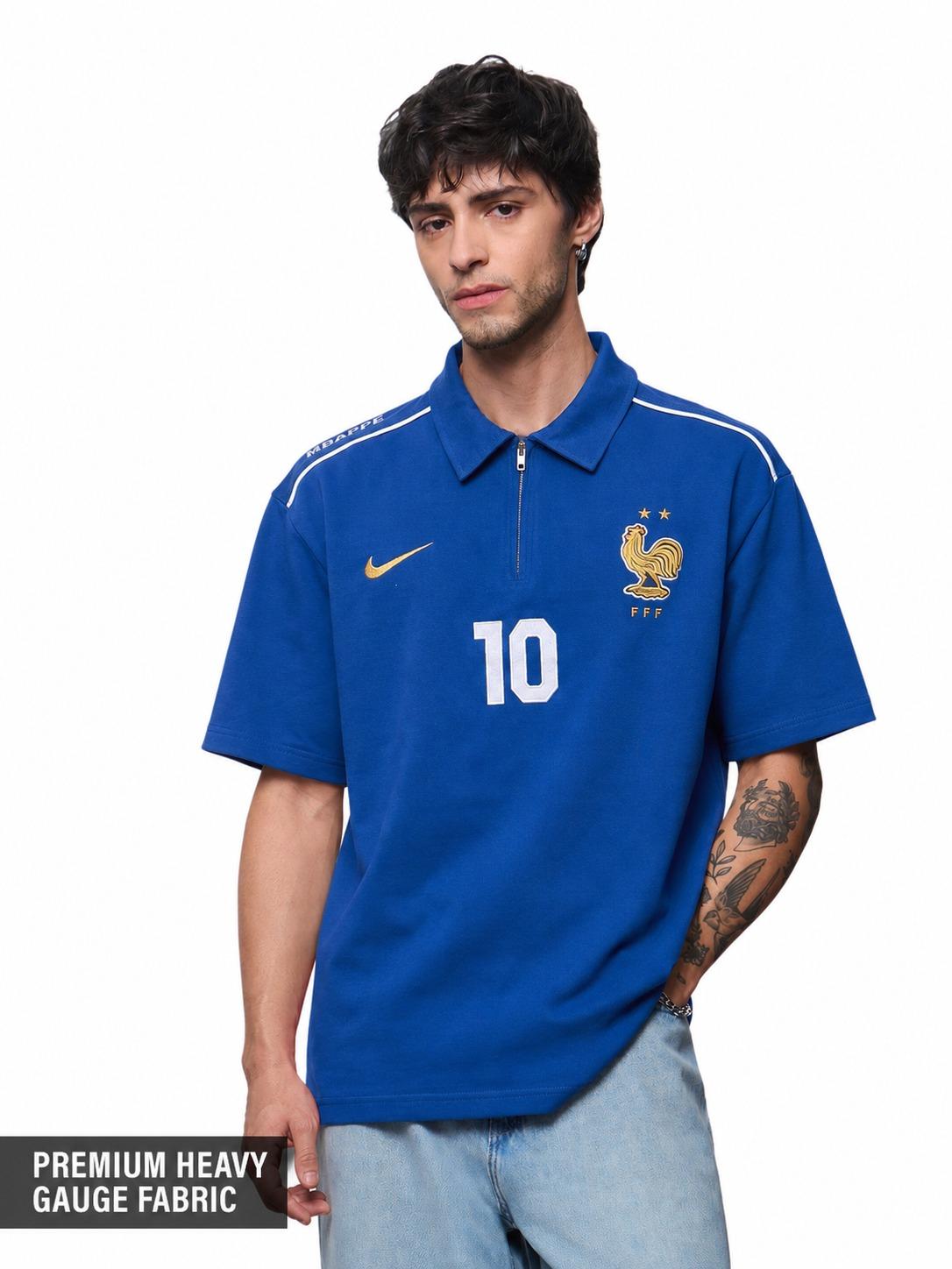 Royal Blue Football-Inspired Oversized Half Sleeve Zip Polo T-Shirt