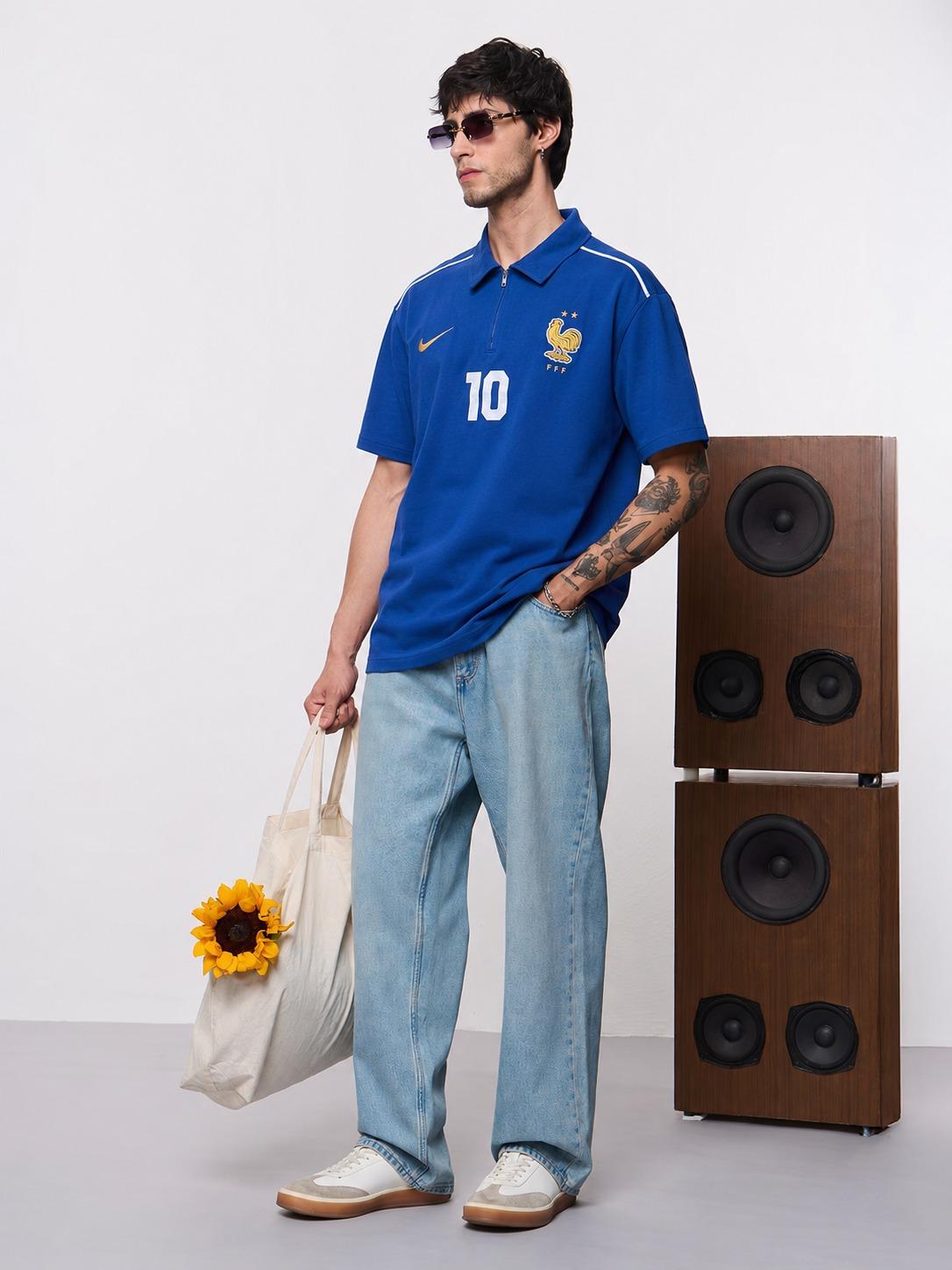 Royal Blue Football-Inspired Oversized Half Sleeve Zip Polo T-Shirt