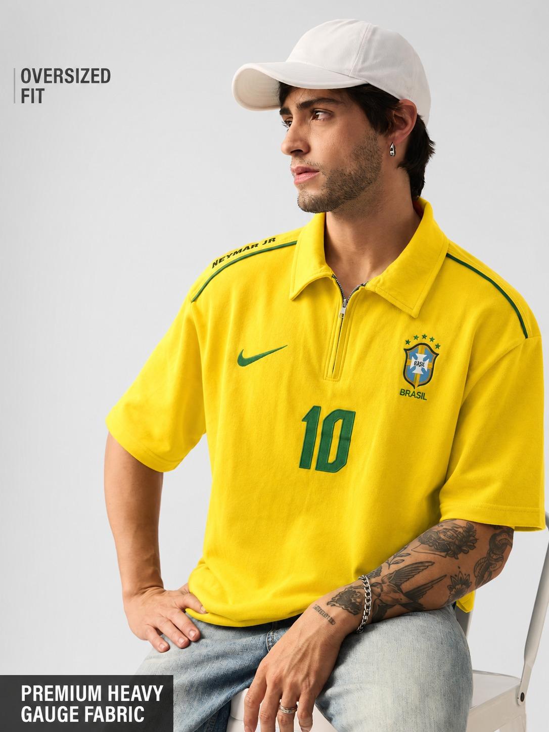 Yellow Football-Inspired Oversized  Half Sleeve Zip Polo T-Shirt