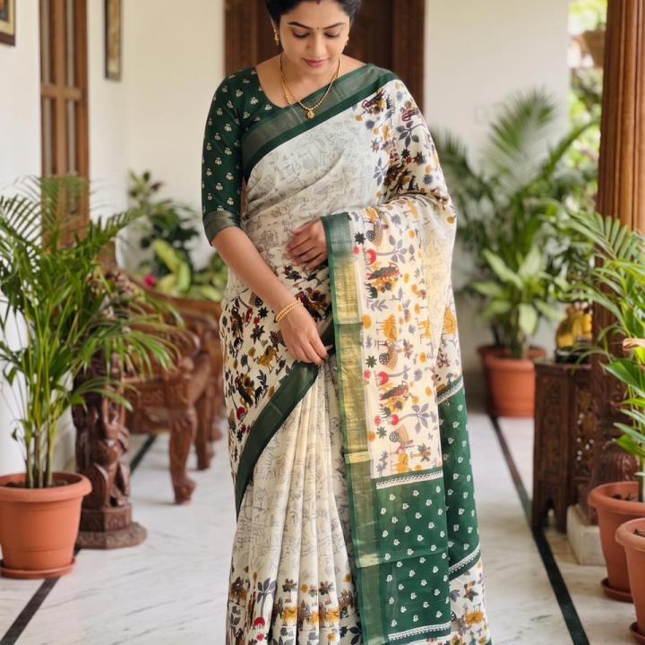 Heritage Grace: Kalamkari-Inspired Cotton Silk Saree in Elegant Green