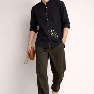 Premium Black Linen Shirt - Floral Embroidery