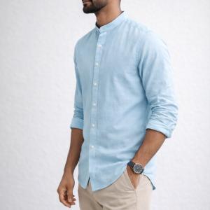 Sky Blue Linen Shirt – Mandarin Collar
