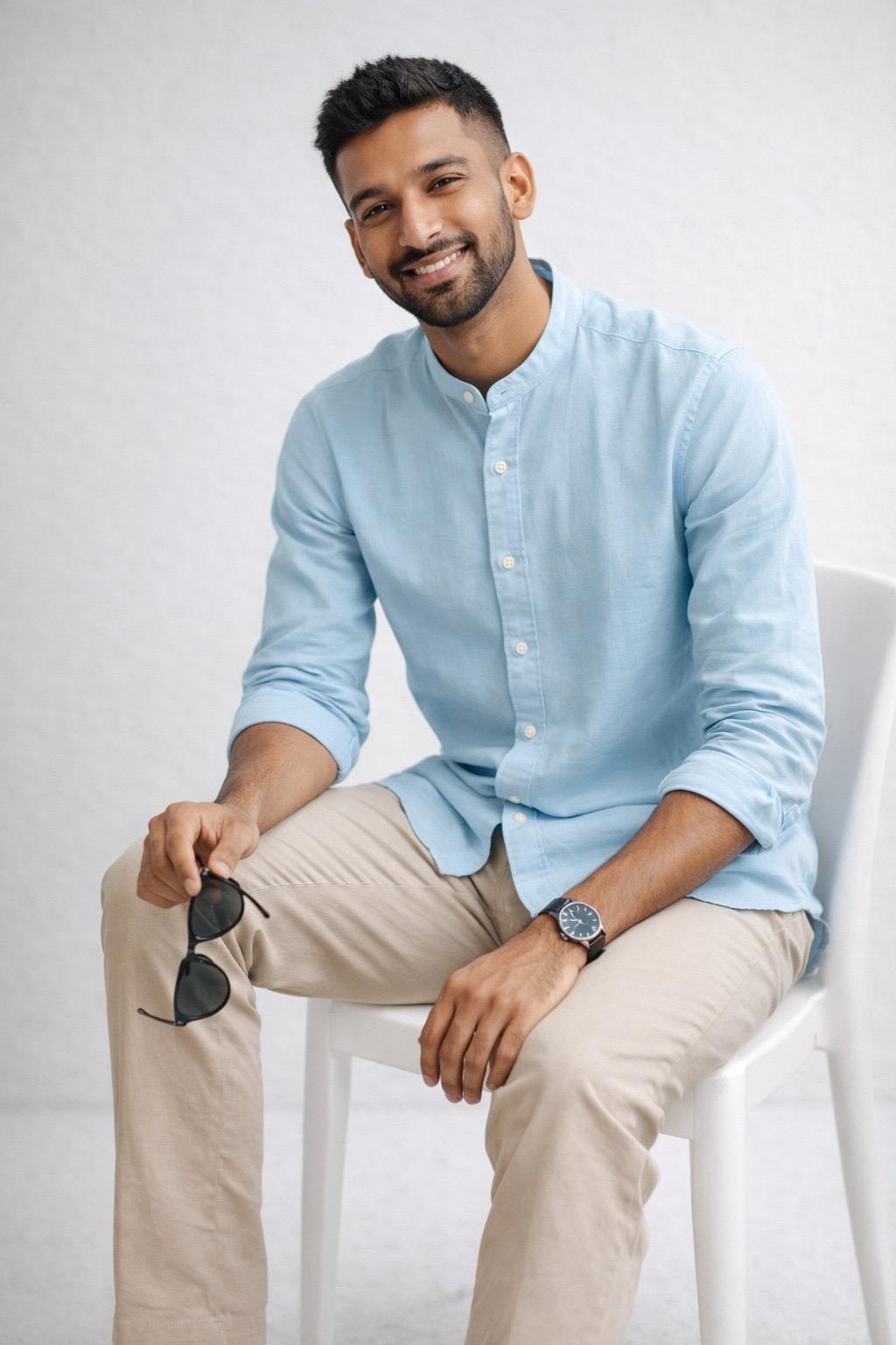 Sky Blue Linen Shirt – Mandarin Collar