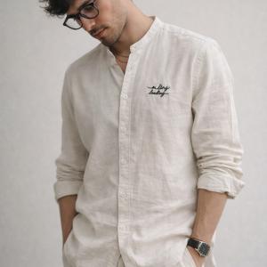 Off-White Linen Mandarin Collar Shirt