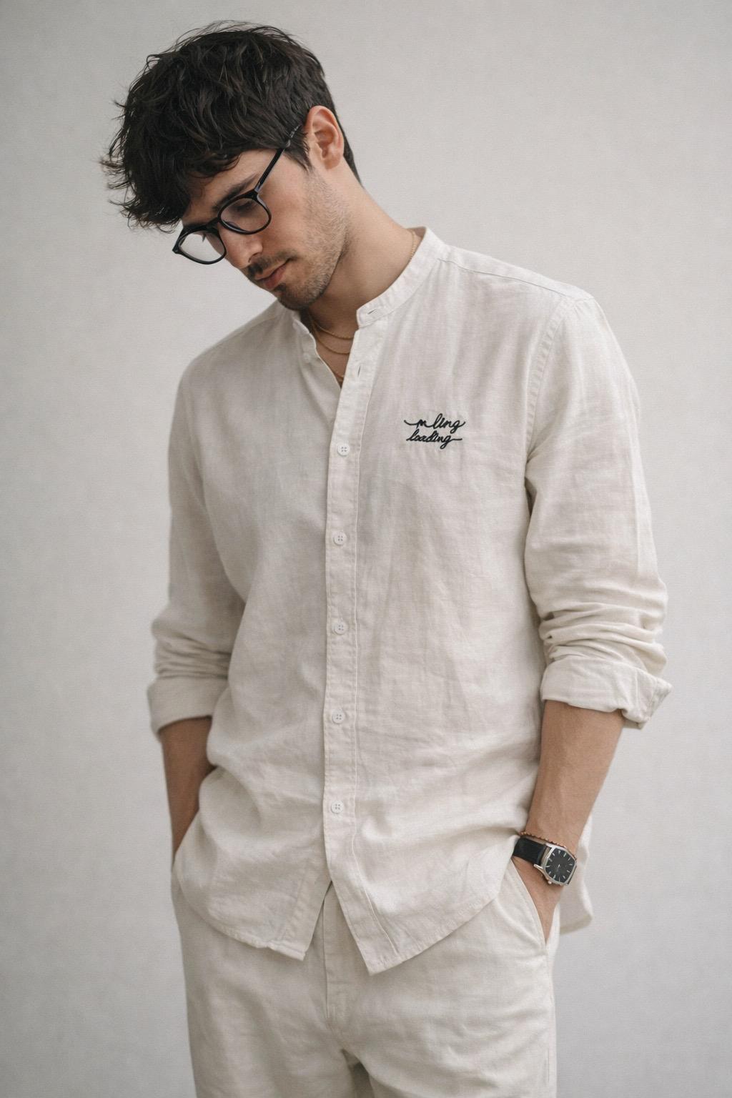 Off-White Linen Mandarin Collar Shirt