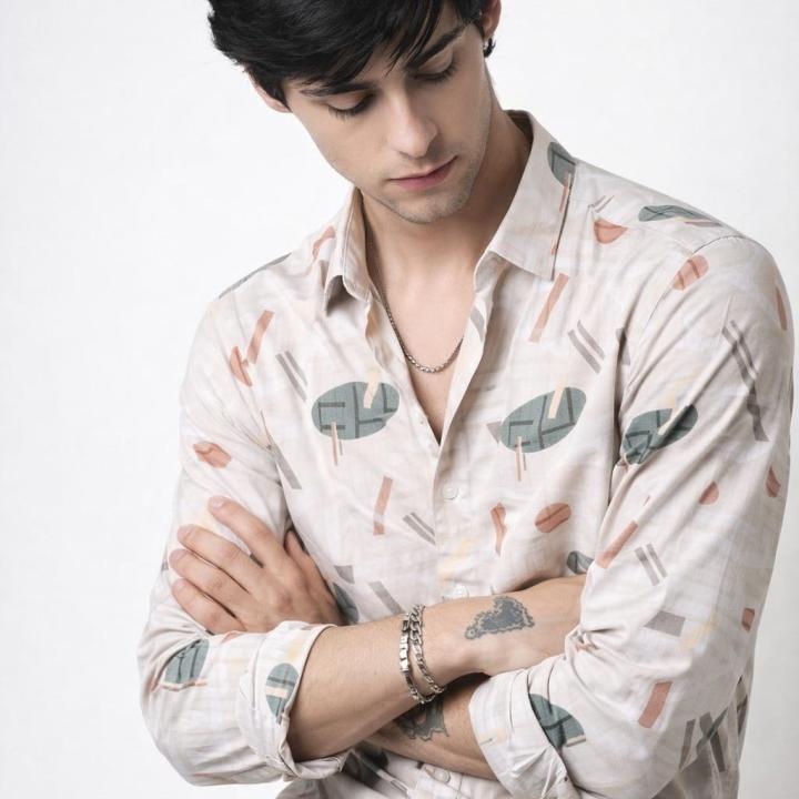 Beige Abstract Geometric Print Shirt