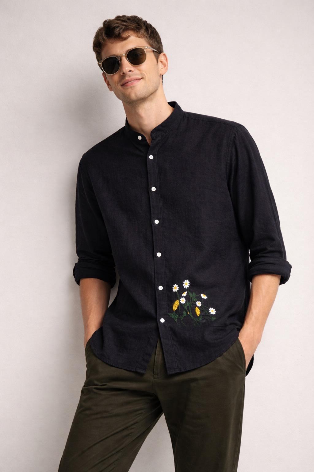 Premium Black Linen Shirt - Floral Embroidery