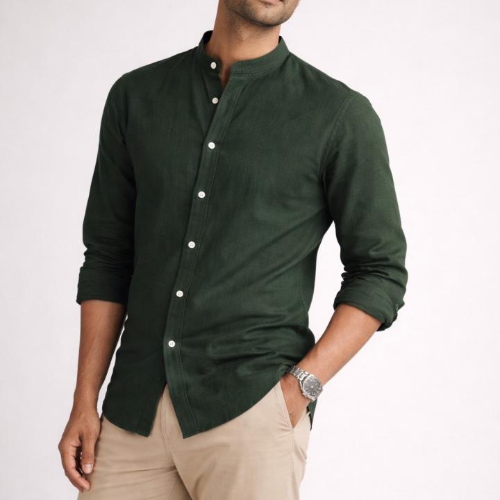 Deep Forest Green Linen Shirt – Mandarin Collar