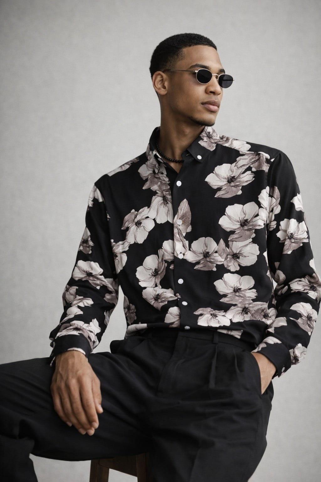 Jet Black Floral Print Shirt - Nylon