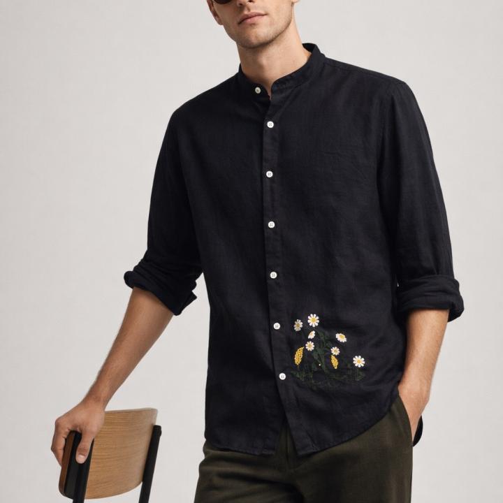 Premium Black Linen Shirt - Floral Embroidery