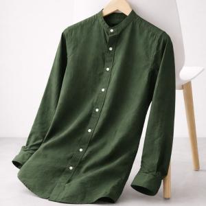 Deep Forest Green Linen Shirt – Mandarin Collar