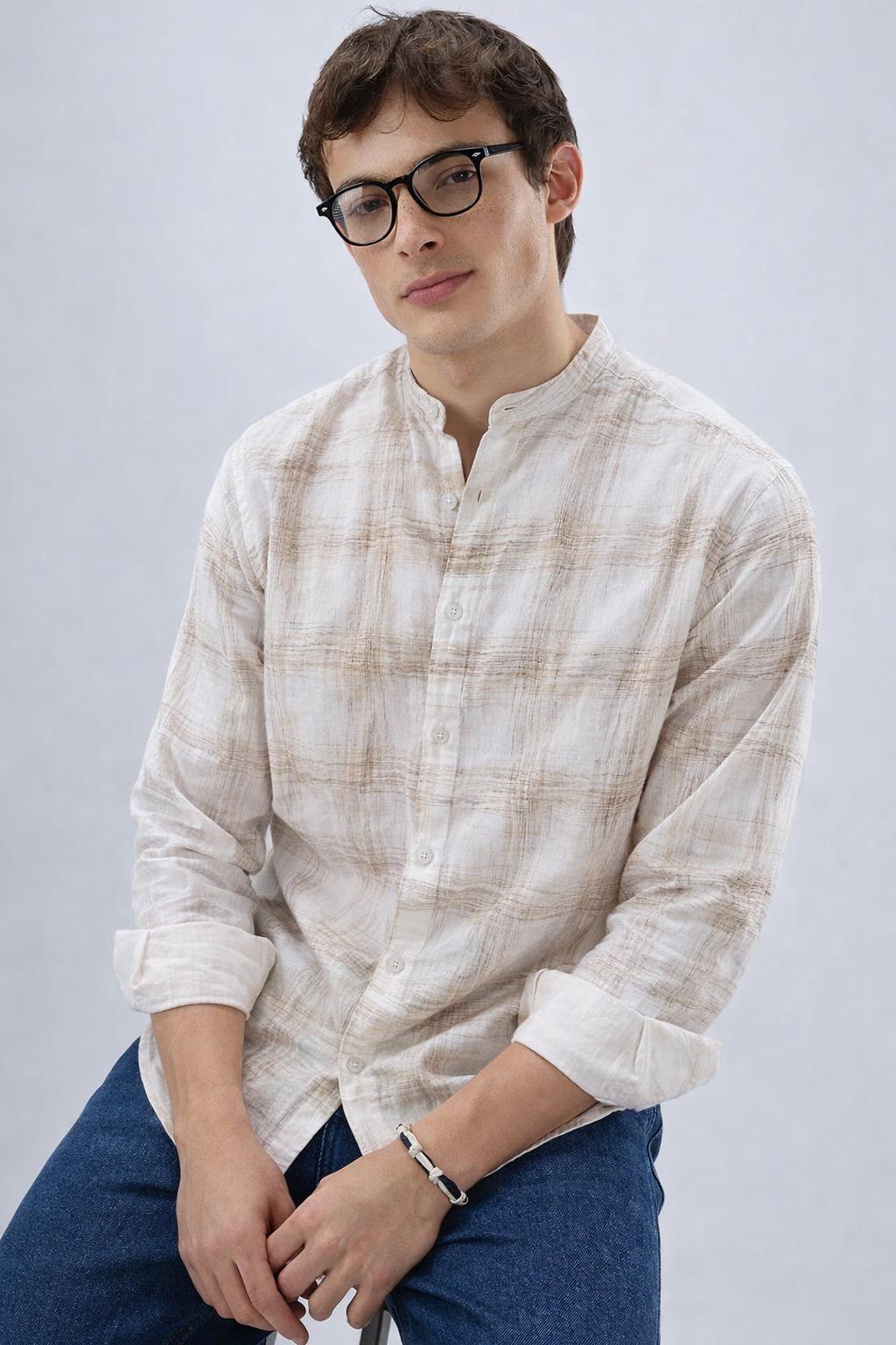 Off-White Ivory Beige Abstract Check Shirt - Mandarin Collar