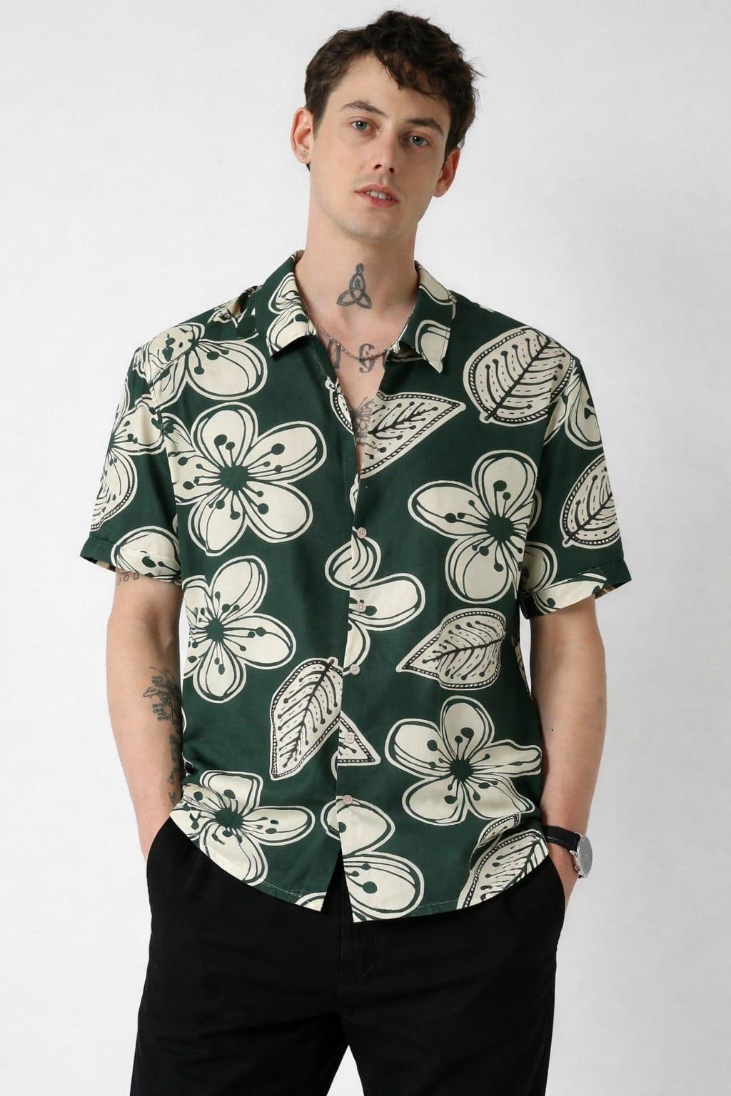 Forest Green Tropical Floral Printed Shirt - Short Sleeve