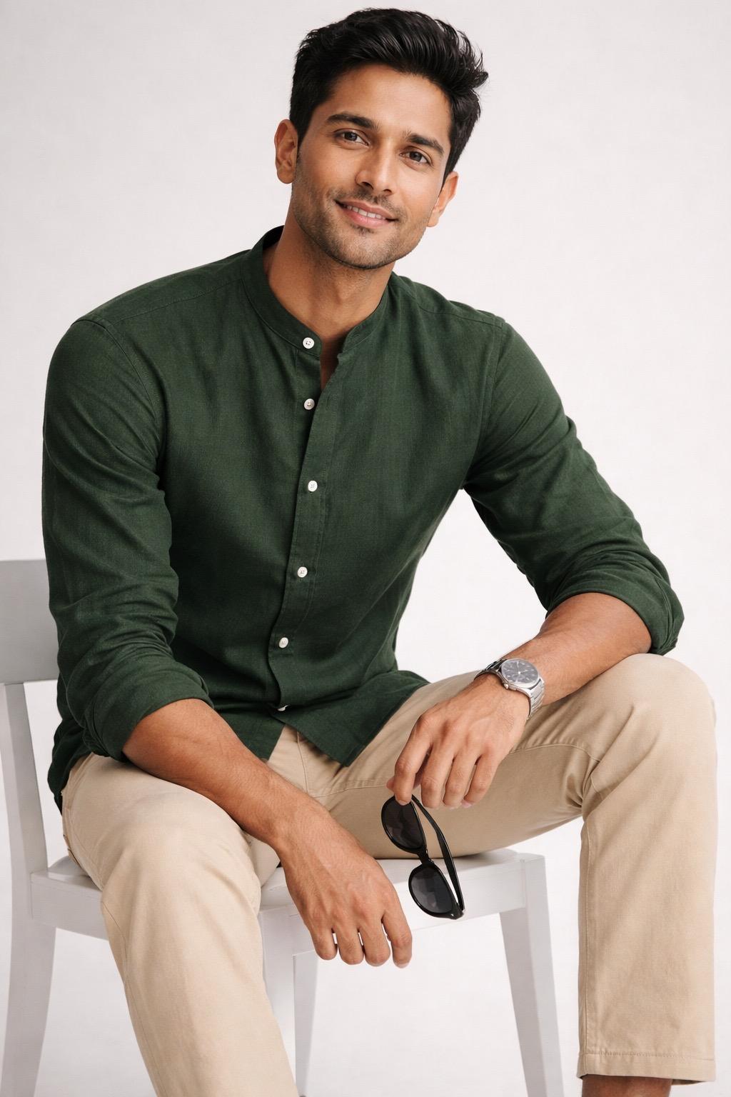 Deep Forest Green Linen Shirt – Mandarin Collar