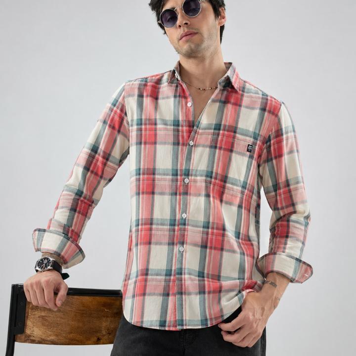 Coral Pink Chekerd Shirt - Oxford