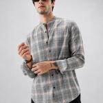 Grey Checked Mandarin Collar Jute Shirt
