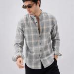 Grey Checked Mandarin Collar Jute Shirt