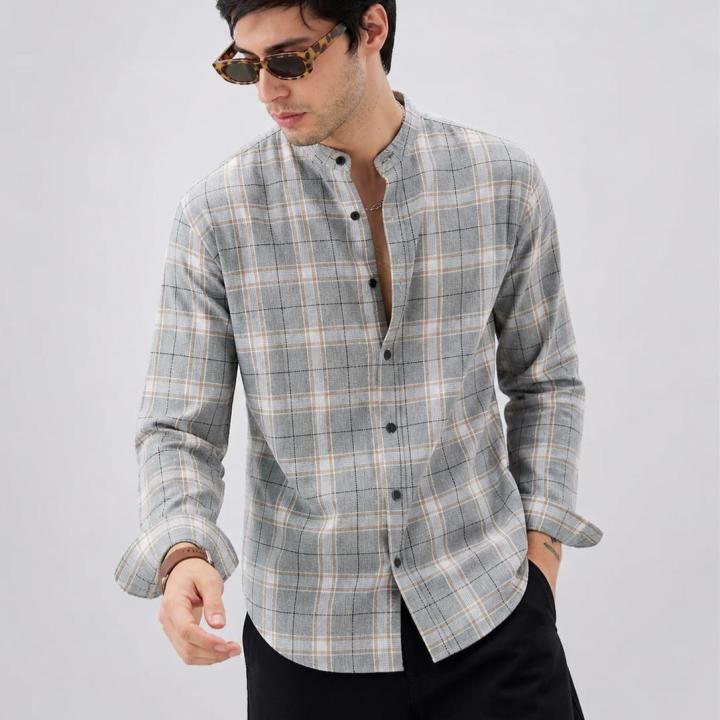 Grey Checked Mandarin Collar Jute Shirt